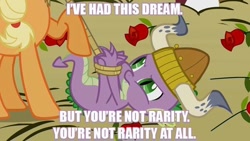 Size: 640x360 | Tagged: safe, applejack, spike, dragon, earth pony, pony, caption, hogtied, reaction image, rope, tied up