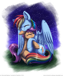 Size: 800x964 | Tagged: safe, artist:inuhoshi-to-darkpen, rainbow dash, scootaloo, pegasus, pony, backwards cutie mark, cuddling, duo, eyes closed, female, filly, hug, night, scootalove, sitting, smiling, snuggling, unshorn fetlocks