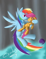 Size: 872x1128 | Tagged: safe, artist:groudus, rainbow dash, scootaloo, pegasus, pony, sleepless in ponyville, female, mare, wings