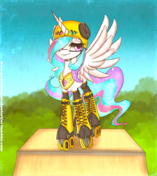 Size: 1700x1900 | Tagged: safe, artist:gamermac, princess celestia, alicorn, pony, clothes, helmet, ponies in roller skates, roller skates, socks, solo