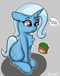 Size: 1389x1752 | Tagged: safe, artist:llametsul, derpibooru import, trixie, pony, unicorn, atg 2020, chest fluff, cute, cutie mark, dialogue, female, horn, mare, newbie artist training grounds, open mouth, plant, simple background, sitting, solo, speech bubble