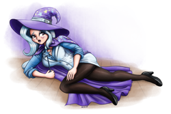 Size: 2400x1600 | Tagged: safe, artist:king-kakapo, derpibooru import, trixie, human, blushing, breasts, cape, cleavage, clothes, hat, humanized, open mouth, titsie, trixie's cape, trixie's hat, wand