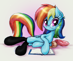 Size: 534x451 | Tagged: safe, artist:moonlightfl, artist:skyline14, rainbow dash, pegasus, pony, book, clothes, glasses, rainbow dork, reading, socks