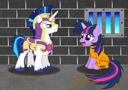 Size: 2160x1514 | Tagged: safe, artist:spellboundcanvas, shining armor, twilight sparkle, pony, unicorn, lesson zero, bad end, clothes, crying, disappointed, horn cap, magic suppression, messy mane, open mouth, prison, prison outfit, prisoner, prisoner ts, sad, window