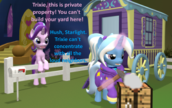 Size: 1716x1080 | Tagged: safe, artist:red4567, derpibooru import, starlight glimmer, trixie, pony, unicorn, 3d, alternate hairstyle, angry, atg 2020, babysitter trixie, clothes, fence, hammer, hoodie, mailbox, newbie artist training grounds, source filmmaker, trixie's wagon, twilight's castle