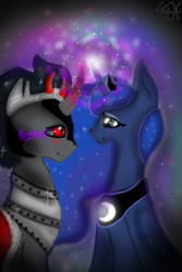 Size: 1000x1500 | Tagged: safe, artist:ghostfacenikol, king sombra, princess luna, alicorn, pony, unicorn, blushing, lumbra, male, shipping, straight