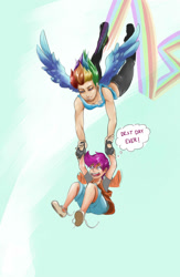 Size: 1300x2000 | Tagged: safe, artist:sundown, rainbow dash, scootaloo, sleepless in ponyville, humanized, winged humanization