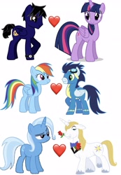 Size: 2131x3072 | Tagged: safe, artist:makerboy10, derpibooru import, prince blueblood, rainbow dash, soarin', trixie, twilight sparkle, twilight sparkle (alicorn), oc, alicorn, pegasus, pony, bluetrix, canon x oc, female, male, shipping, shipping domino, simple background, soarindash, straight, white background