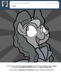 Size: 666x809 | Tagged: safe, artist:egophiliac, princess luna, alicorn, pony, clothes, dress, filly, monochrome, monocle, moonstuck, poseidon's peruke, seaweed, solo, wig, woona, younger