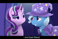 Size: 1280x871 | Tagged: safe, artist:okayowl, derpibooru import, starlight glimmer, trixie, pony, unicorn, no second prances, female, mare, scene interpretation, trixie's hat