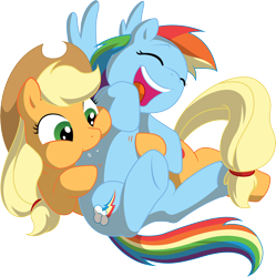 Size: 9500x9528 | Tagged: dead source, safe, artist:chaoskomori, artist:fehlung, applejack, rainbow dash, earth pony, pegasus, pony, absurd resolution, appledash, female, hoof tickling, lesbian, raspberry, shipping, simple background, tickling, transparent background, tummy buzz, vector