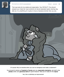 Size: 666x809 | Tagged: safe, artist:egophiliac, princess luna, alicorn, pony, cartographer's sophisticated lady's fan, clothes, dress, filly, majestic as fuck, monochrome, monocle, moonstuck, poseidon's peruke, seaweed, solo, wig, woona, younger