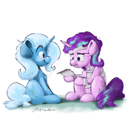 Size: 2000x2000 | Tagged: safe, artist:th3ipodm0n, derpibooru import, starlight glimmer, trixie, pony, unicorn, atg 2020, bandage, duo, female, mare, newbie artist training grounds, sitting