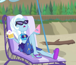 Size: 1260x1080 | Tagged: safe, derpibooru exclusive, derpibooru import, edit, edited screencap, editor:katy木土, screencap, trixie, human, better together, equestria girls, forgotten friendship, beach, beach chair, cropped, solo, sunglasses