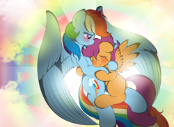 Size: 3453x2521 | Tagged: safe, artist:v-d-k, rainbow dash, scootaloo, pegasus, pony, crying, hug, scootalove, tears of joy