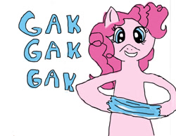 Size: 900x695 | Tagged: safe, artist:magicalwizardry, pinkie pie, pony, gak, open mouth, simple background, smiling, solo, text, white background