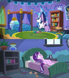 Size: 1089x1225 | Tagged: safe, screencap, shining armor, starlight glimmer, twilight sparkle, twilight sparkle (alicorn), alicorn, pony, unicorn, every little thing she does, the one where pinkie pie knows, bed, bedroom, starlight's room, twilight's castle