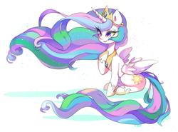 Size: 1225x905 | Tagged: safe, artist:mandycabral, princess celestia, alicorn, pony, long hair, raised hoof, sitting, solo, windswept mane