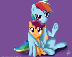 Size: 2000x1600 | Tagged: safe, artist:nolycs, rainbow dash, scootaloo, pegasus, pony, hooves, scootalove, winghug