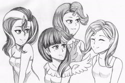 Size: 2046x1358 | Tagged: safe, artist:michychan, derpibooru import, starlight glimmer, sunset shimmer, trixie, twilight sparkle, twilight sparkle (alicorn), alicorn, equestria girls, grayscale, horned humanization, humanized, monochrome, traditional art, twilight's counterparts, winged humanization