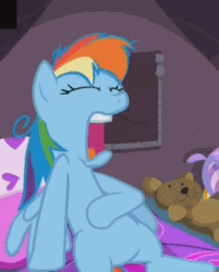 Size: 375x467 | Tagged: safe, screencap, rainbow dash, pegasus, pony, sleepless in ponyville, animated, morning ponies, solo, teddy bear, yawn