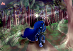 Size: 3507x2480 | Tagged: safe, artist:frozentear7, princess luna, alicorn, phoenix, pony, forest, night, solo