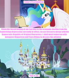 Size: 910x1024 | Tagged: safe, princess celestia, oc, oc:niggertron, alicorn, pony, canterlot, celestia's proclamation, meme, tiara ultima