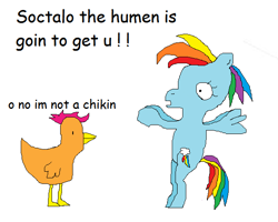 Size: 614x490 | Tagged: safe, rainbow dash, scootaloo, chicken, pony, bipedal, comic sans, dialogue, ms paint, scootachicken, species swap, spooky, stylistic suck