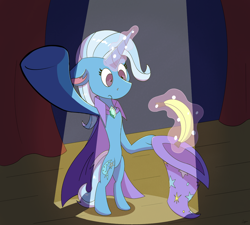 Size: 1734x1560 | Tagged: safe, artist:tigerett, derpibooru import, trixie, pony, unicorn, banana, bipedal, female, floppy ears, food, magic, magic trick, mare, solo, spotlight, stage, standing, surprised