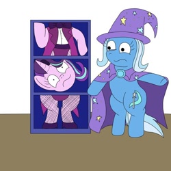 Size: 640x640 | Tagged: source needed, useless source url, safe, artist:allonsos-evil-lair, derpibooru import, starlight glimmer, trixie, pony, unicorn, bipedal, cape, clothes, female, fishnets, hat, magic trick, mare, modular, trixie's cape, trixie's hat