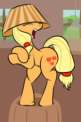 Size: 1000x1500 | Tagged: safe, artist:koportable, applejack, earth pony, pony, applejackasks, ask applejack, bipedal, dancing, female, hat, lampshade, lampshade hat, silly, silly pony, solo, who's a silly pony