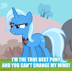 Size: 413x409 | Tagged: safe, derpibooru import, edit, edited screencap, screencap, trixie, magic duel, caption, cropped, image macro, meme, text, trixie yells at everything