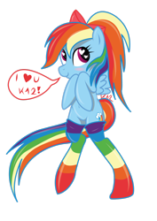 Size: 900x1274 | Tagged: safe, artist:katze2012, artist:varijani, rainbow dash, pegasus, pony, belly button, bipedal, blushing, clothes, female, heart eyes, mare, rainbow socks, signature, simple background, socks, solo, striped socks, transparent background, wingding eyes