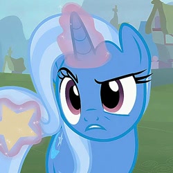 Size: 500x500 | Tagged: safe, derpibooru import, edit, edited screencap, screencap, trixie, pony, unicorn, female, glowing horn, levitation, magic, mare, raised eyebrow, solo, telekinesis, trixie is not amused, unamused