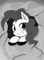 Size: 1280x1746 | Tagged: safe, artist:siberwar, pinkie pie, earth pony, pony, female, hole, mare, monochrome, simple background, solo, white background