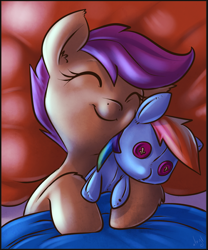 Size: 748x900 | Tagged: safe, artist:atryl, rainbow dash, scootaloo, pegasus, pony, bed, button eyes, cute, cutealoo, doll, ear fluff, eyes closed, leg fluff, plushie, rainbow dash plushie, sleeping, solo