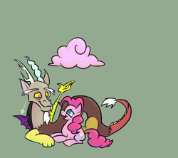 Size: 800x711 | Tagged: safe, artist:ponchuzn, discord, pinkie pie, earth pony, pony, cloud, cotton candy, cotton candy cloud, discopie, female, food, male, shipping, straight