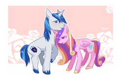 Size: 1086x702 | Tagged: safe, artist:akomaru, artist:tamakicham, princess cadance, shining armor, alicorn, pony, unicorn, cuddling, cute, male, shiningcadance, shipping, snuggling, straight