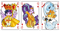 Size: 1024x529 | Tagged: safe, artist:dedonnerwolke, derpibooru import, starlight glimmer, trixie, twilight sparkle, twilight sparkle (alicorn), alicorn, anthro, card, clothes, jack, king, playing card, queen