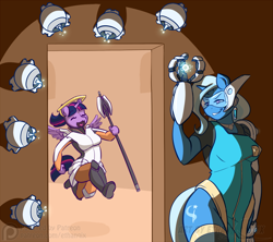 Size: 950x842 | Tagged: safe, artist:ethanqix, derpibooru import, trixie, twilight sparkle, twilight sparkle (alicorn), alicorn, anthro, ambush, clothes, crossover, duo, eyes closed, halo, lightly watermarked, mercy, open mouth, overwatch, symmetra, this will end in death, this will end in tears and/or death, tongue out, turret, twilight vs trixie, unexpected, watermark, weapon