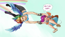 Size: 1366x768 | Tagged: safe, artist:sundown, rainbow dash, scootaloo, sleepless in ponyville, epic, humanized, scootalove, wallpaper, winged humanization