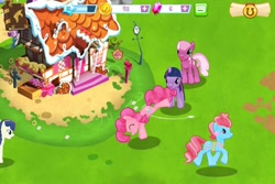 Size: 960x640 | Tagged: safe, screencap, bon bon, cheerilee, cup cake, pinkie pie, sweetie drops, twilight sparkle, unicorn twilight, earth pony, pony, unicorn, female, game screencap, gameloft, mare, sugarcube corner