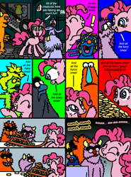 Size: 569x771 | Tagged: safe, artist:hirake! pony key, pinkie pie, earth pony, pony, cobblestone street, comic, cookie, crossover, monster, my little pony meets sesame street, sesame street