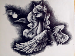 Size: 2500x1853 | Tagged: safe, artist:lililioon, princess luna, alicorn, pony, cloud, monochrome, moon, night, solo, traditional art