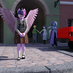 Size: 2400x2400 | Tagged: safe, artist:jawolfadultishart, derpibooru import, applejack, rarity, trixie, twilight sparkle, twilight sparkle (alicorn), alicorn, anthro, plantigrade anthro, 3d, blushing, clothes, clothing theft, covering, daz studio, embarrassed, female, lesbian, magic abuse, mare, panties, rarijack, shipping, skirt, striped underwear, this will end in tears, underwear