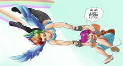 Size: 1026x550 | Tagged: safe, artist:sundown, edit, rainbow dash, scootaloo, human, female, humanized, recaption, scootalove, toilet humor, winged humanization