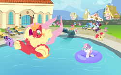 Size: 3200x2000 | Tagged: safe, anonymous artist, derpibooru import, apple bloom, applejack, big macintosh, boulder (pet), cookie crumbles, fluttershy, hondo flanks, maud pie, pinkie pie, rainbow dash, rarity, scootaloo, spike, sweetie belle, tank, trixie, twilight sparkle, twilight sparkle (alicorn), alicorn, dragon, earth pony, pegasus, pony, unicorn, series:fm holidays, 4th of july, bridal carry, cannonball, carrot, carrot dog, carrying, cheering, clothes, cutie mark crusaders, diving board, fan, fanning, female, filly, fireworks, fluttermac, food, grill, hawaiian shirt, holiday, hoof hold, inner tube, lineless, lounge chair, male, mane seven, mane six, mare, no pupils, nose in the air, one eye closed, pool party, shipping, shirt, stallion, straight, sunglasses, swimming pool, swimsuit, tanning mirror, trenchcoat, underhoof, volumetric mouth, wet mane