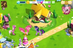 Size: 960x640 | Tagged: safe, cheerilee, pinkie pie, twilight sparkle, unicorn twilight, earth pony, pony, unicorn, female, game screencap, gameloft, house, mare, raise the roof, trio, well