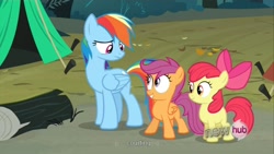 Size: 1176x662 | Tagged: safe, screencap, apple bloom, rainbow dash, scootaloo, pegasus, pony, sleepless in ponyville, hub logo, youtube caption