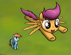 Size: 1850x1440 | Tagged: safe, artist:jarwall, rainbow dash, scootaloo, pegasus, pony, flying, scootaloo can fly, scootalove